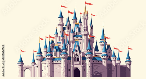 Magnificent fairytale castle with blue turrets and red flags under a bright sky