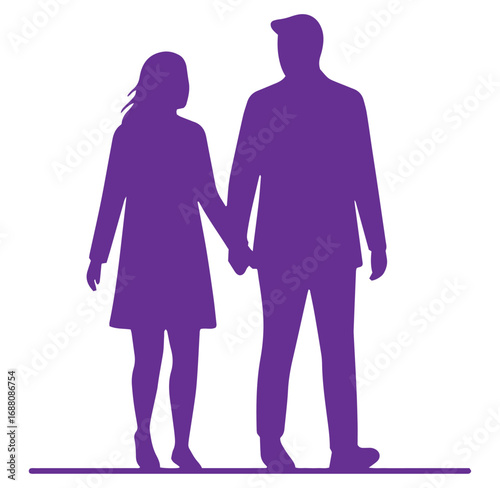 Purple silhouette illustration of a couple holding hands and walking together