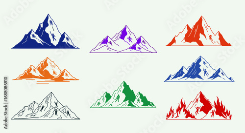 A collection of stylized mountain peaks in various colors and designs for outdoor adventure themes