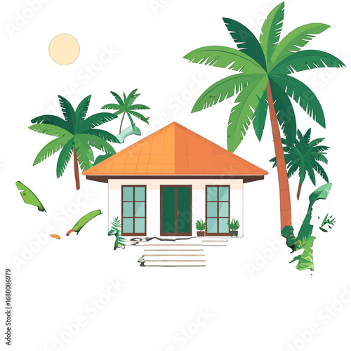 Wallpaper Mural Tropical Beach House with Orange Roof under Sunny Sky and Lush Palm Trees Graphic Illustration on White Background Torontodigital.ca