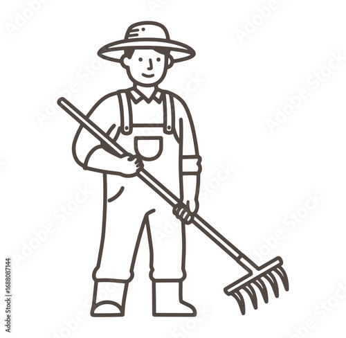Simple illustration of a farmer wearing overalls and hat holding a rake against white background