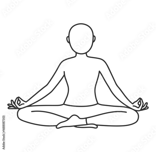 Simple line drawing of a person meditating in lotus pose on a white background