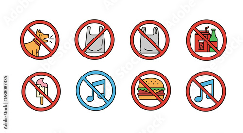 Collection of universal prohibition signs for public spaces declaring restrictions and prohibited activities