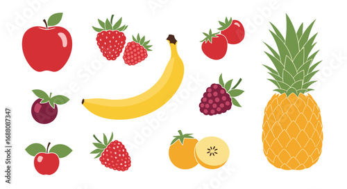 A colorful assortment of fresh fruits including apples strawberries banana oranges pineapple plums and raspberries