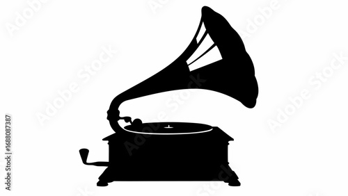 Silhouette of a vintage gramophone with a large horn speaker and a crank handle on a white background design