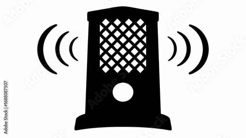 Illustration of a black speaker with a lattice front and sound waves emanating from both sides on white silhouette