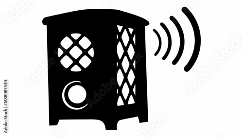 A black speaker with a circular grill and sound waves emanating from the right side in monochrome art silhouette