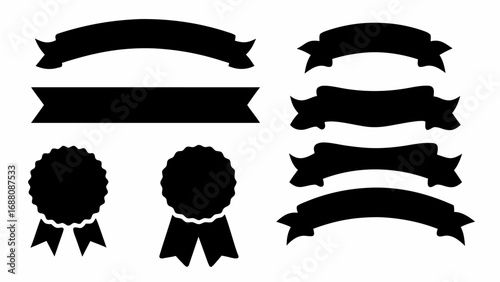 Illustration of various black ribbons and rosette shapes on a white background for graphic design use silhouette