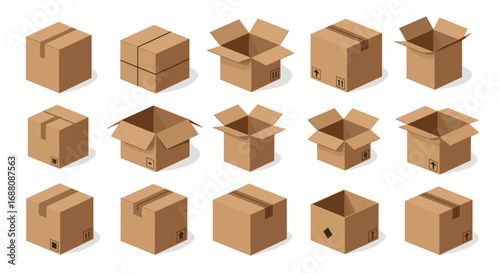 A collection of cardboard boxes in various states of assembly and openness