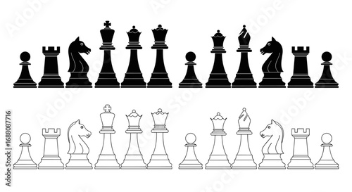 Elegant set of chess pieces featuring classic silhouettes in black and white outline styles for strategic games and board game enthusiasts