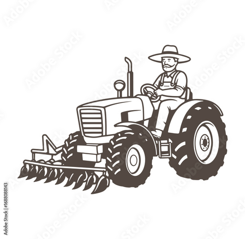 Vintage farmer operating a tractor agricultural machinery vector illustration in retro style