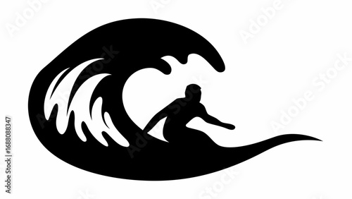 Silhouette of a surfer riding a wave with the wave curling over him in a black and white illustration