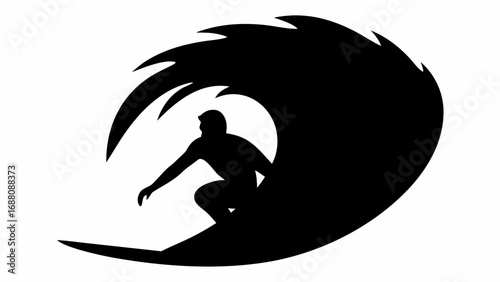 Silhouette of a surfer riding a wave with a large curl in black and white simple design illustration