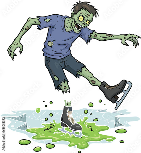 Zombie ice skater cartoon, creepy undead character, horror skeleton skating, funny scary design, winter sports illustration, cracked ice, slime, monster