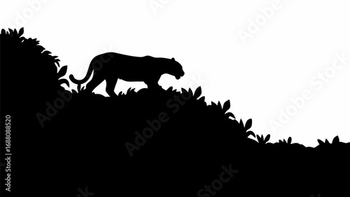Silhouette of a panther walking down a hill covered in foliage against a white background in a simple design