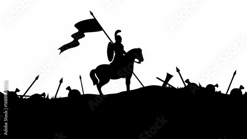 Silhouette illustration of a warrior on horseback holding a flag amidst battlefield debris and spears