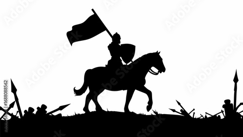 Silhouette of a knight on horseback holding a flag amidst fallen spears on a contrasting background