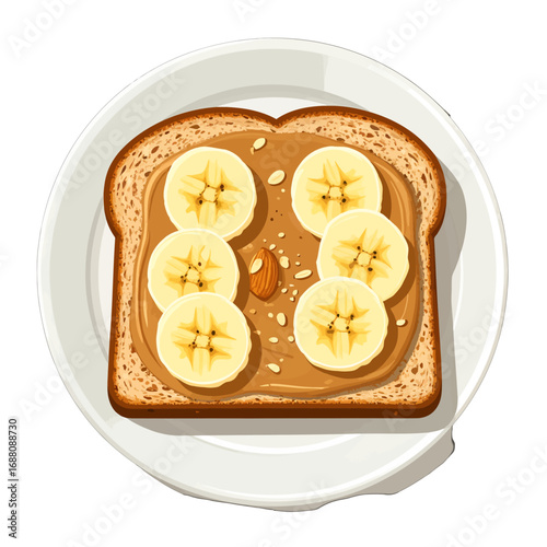 Wallpaper Mural Toast with Peanut Butter Banana Slices and an Almond Nut on a White Plate Pixel Art Design, Viewed from Top, Brown Bread Texture, Healthy Food Torontodigital.ca
