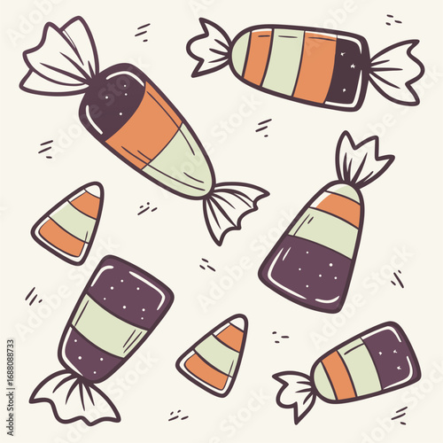 Hand Drawn Halloween Candies and Candy Corn Scattered on a Light Background sweet treat