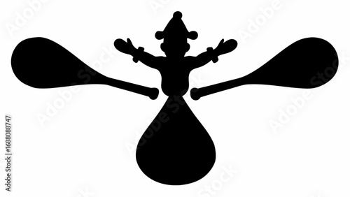 Silhouette of a figure with a hat and outstretched arms between two large teardrop shapes design