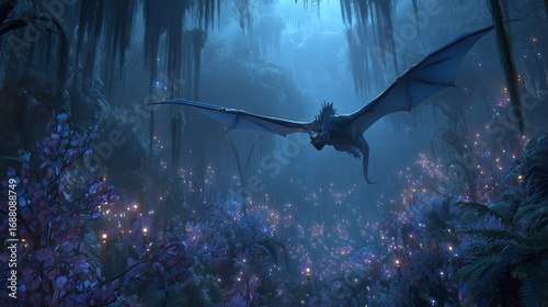 fantasy dragon flying above enchanted forest glowing with magic