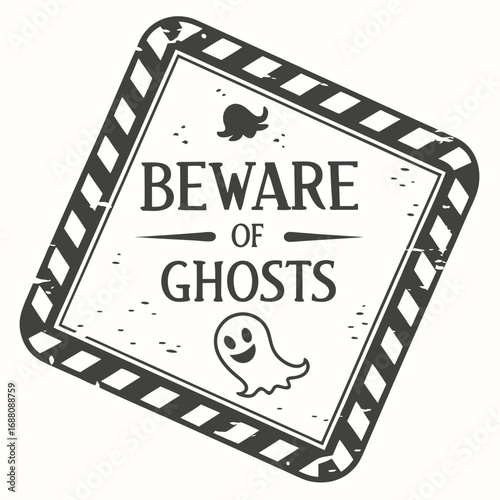 Beware of Ghosts Sign with Ghost Icon and Warning Stripes spooky