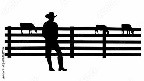 Silhouette of a cowboy standing by a wooden fence with cattle grazing in the background on a white backdrop