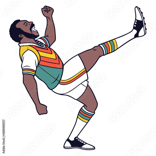 A soccer player as a defensive lineman in a celebratory high kick, a dynamic graphic that shows joy, exuberance, and victory. Perfect for celebratory sports graphics.