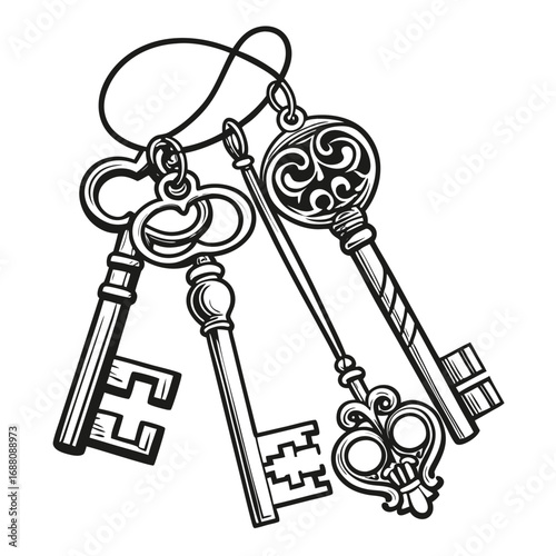 Black and white illustration of a bunch of antique keys tied together with a ribbon vintage ornate