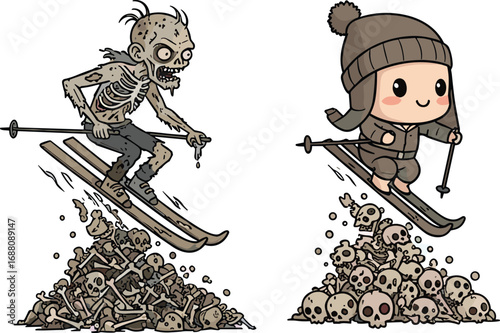 Zombie skier cartoon, cute child skiing character, dark horror skeleton art, winter sports illustration, creepy funny design, bones, skull, adventure