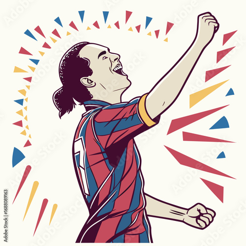 A soccer player as a kicker in a celebratory backpedal, a playful and joyful graphic of success after a kick. Great for celebratory sports moments.