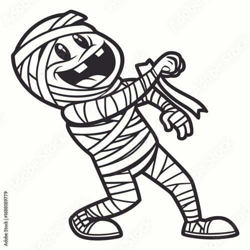 Cartoon Mummy Character with Bandages and Grinning Mouth on White Background egyptian monster