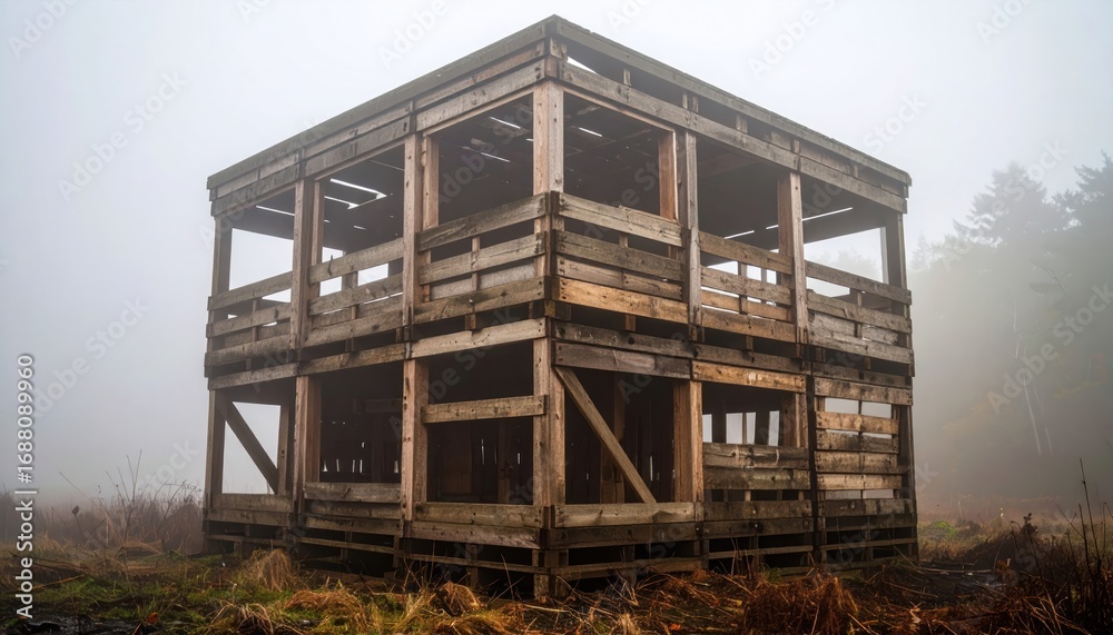 Obraz premium Wooden Bird Watching Tower in Foggy Forest.