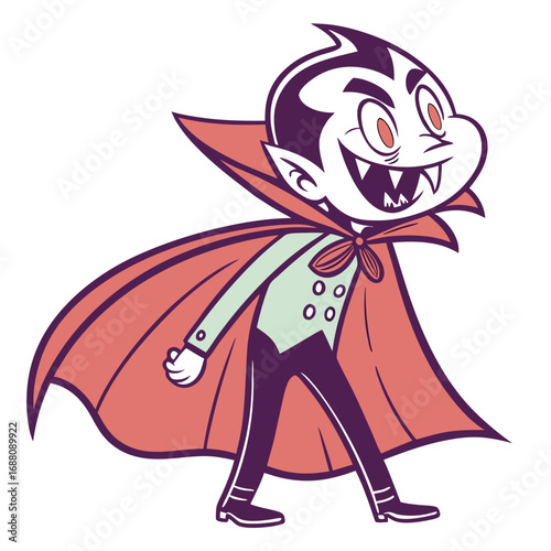 Cartoon Vampire Character with Red Cape and Fangs Smiling and Walking on White Background dracula