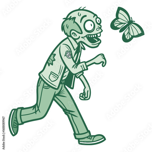 Cartoon Zombie Chasing a Butterfly with Open Mouth and Wide Eyes on White Background character halloween