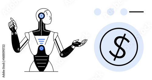 AI humanoid robot gesturing towards a dollar icon symbolizing automation in finance, innovation, and economic digitalization. Ideal for AI economy, fintech, automation, technology, money, futuristic