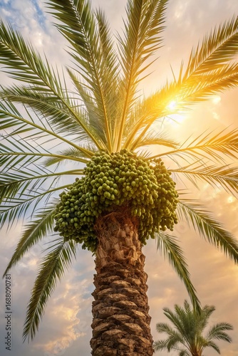 Dates palm tree with ripe dates bunches hanging, surrounded by tall green palm leaves