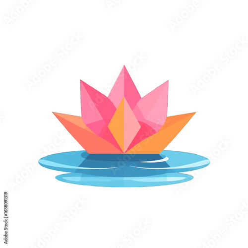 Stylized Pink Lotus Flower Floating on Rippled Water Illustration on White Backdrop
