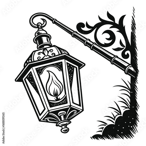 Ornate Black Street Lamp with Flame in a Woodcut Style light lighting
