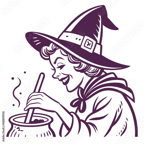 Retro Witch Stirring Cauldron with Bubbles and Smoke in Purple Outline halloween magic