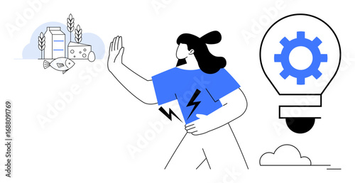 Woman holding her stomach and raising her hand in refusal near milk, cheese, fish, and wheat, indicating food allergies light bulb with gear for innovative ideas. Ideal for health, nutrition