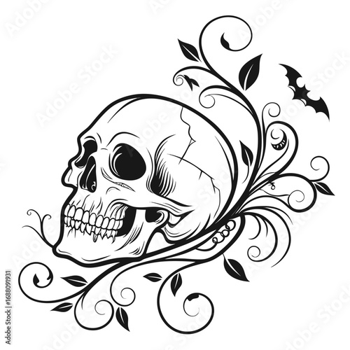 Skull with Swirling Vines Leaves and Flying Bat on White Background human skull bones