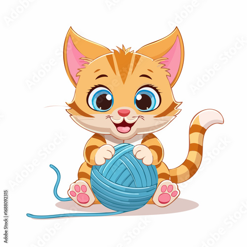 Kitten with yarn ball: A cute kitten plays with a ball of yarn, showcasing the playful charm of a fluffy feline friend.