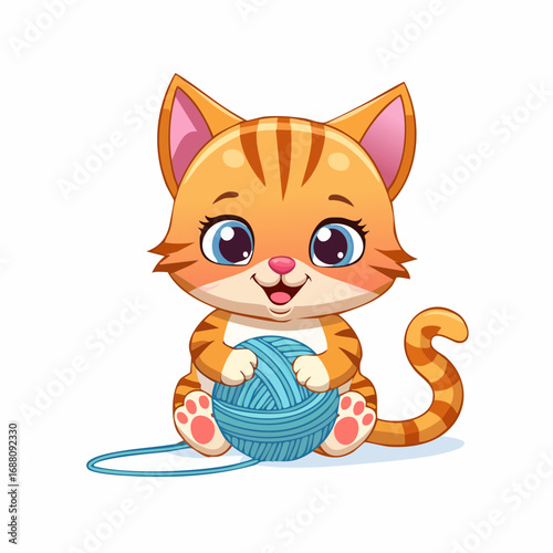 Playful Kitten with Yarn: A charming, cartoon-style kitten is engrossed in playing with a ball of yarn, exuding innocence and playful energy.