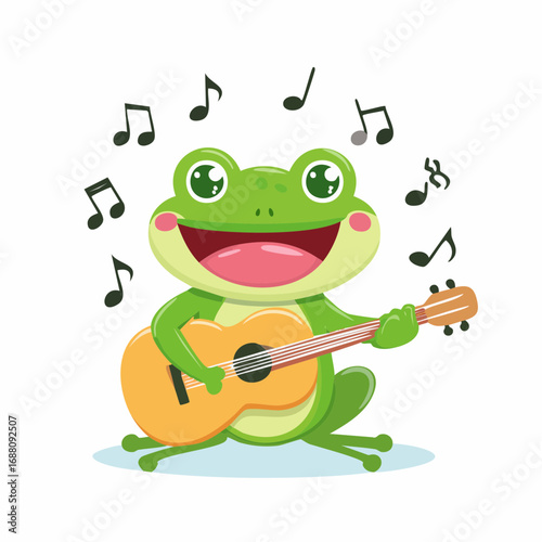 Melody of the Pond: A vibrant illustration captures a cheerful frog strumming a guitar, with musical notes dancing around it, an embodiment of playful rhythm and joyous sound.