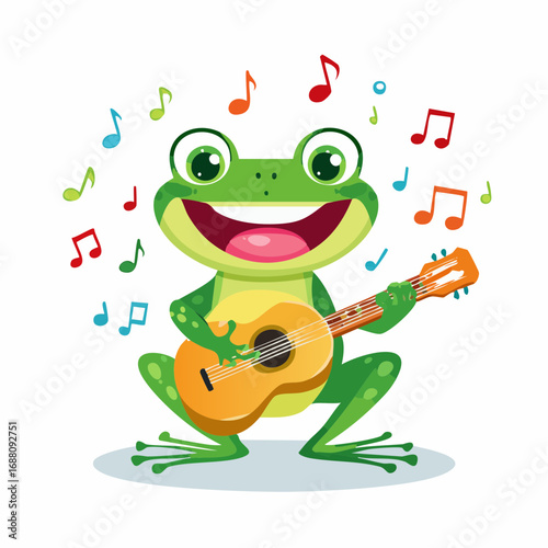Melodic Frog: A joyful green frog with a wide smile strums a guitar, surrounded by a flurry of vibrant musical notes. This whimsical scene captures the fun of music. 