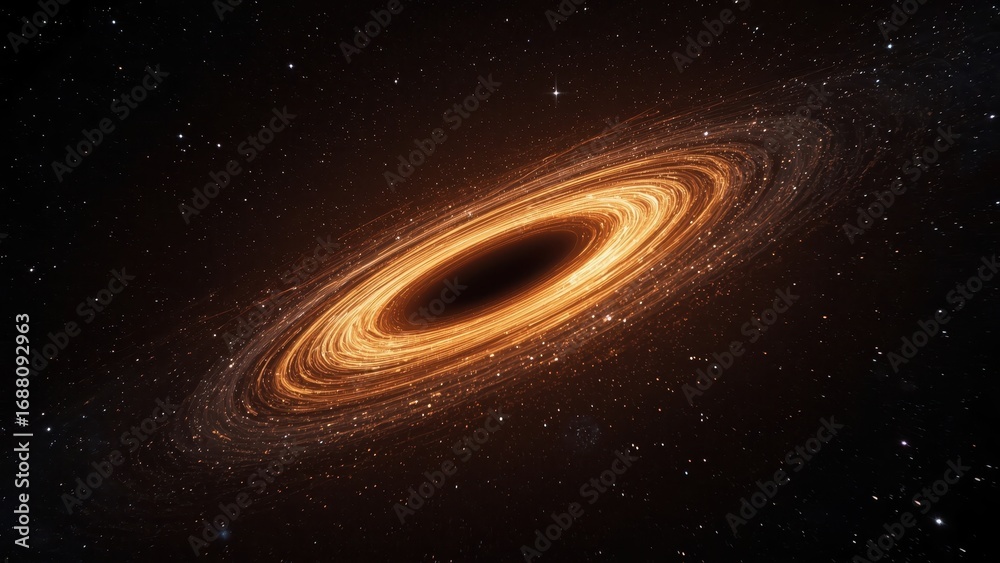 Fototapeta premium A swirling, fiery ring of cosmic matter surrounds a dark, central void in deep space.