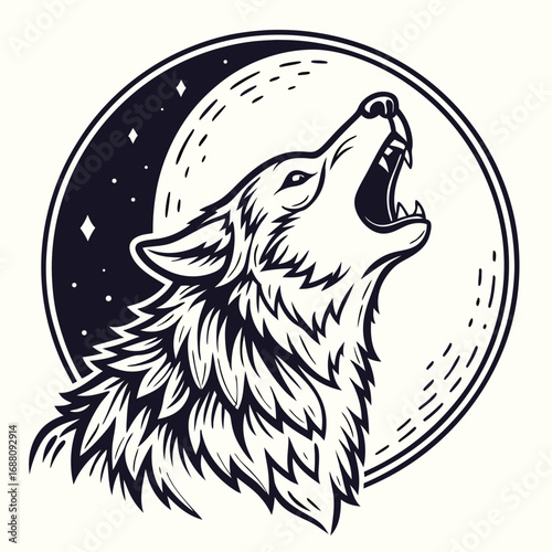 Wolf howling at the moon with stars in a circular emblem black and white illustration night