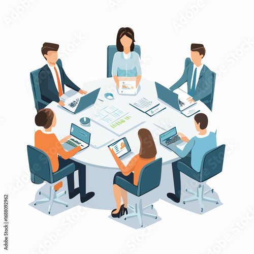 Corporate Collaboration: A birds-eye view of a diverse group of professionals engaged in a focused and efficient business meeting around a circular table. Capturing the essence of collaboration.