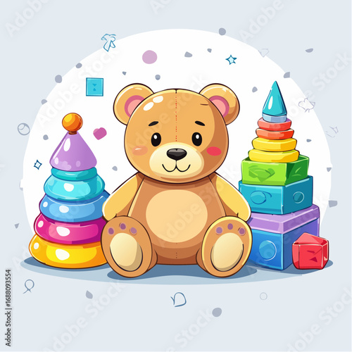 Childhood Toy's Wonderland: A whimsical scene of a cuddly teddy bear sitting amidst a vibrant collection of children's toys, surrounded by soft.